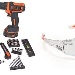 BLACK+DECKER 12V MAX Drill & Home Tool Kit, 60-Piece with Lightweight Safety Eyewear, Clear Lens (BDCDD12PK & BD250-1C)