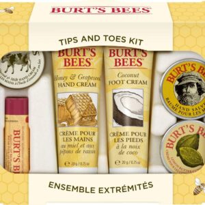 Burt's Bees Gift Set, 6 Products - 2 Hand Cream, Foot Cream, Cuticle Cream, Hand Salve & Lip Balm, Tips & Toes Kit in Giftable Tin, Travel Size