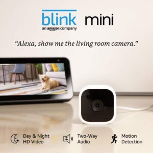 Blink Mini – Compact indoor plug-in smart security camera, 1080 HD video, night vision, motion detection, two-way audio, Works with Alexa – 1 camera